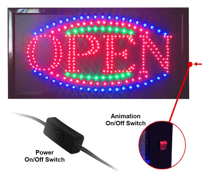 3 colors Large 12"x23" Animated LED Neon Light Open Sign 2 On/Off Switches Chain