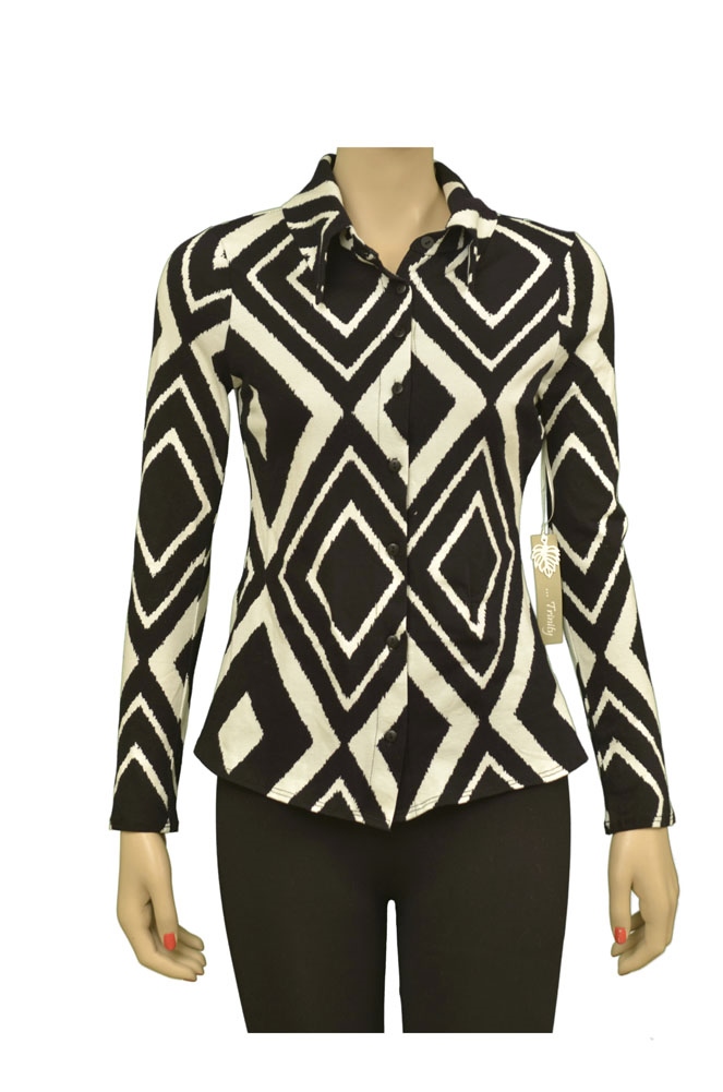 Trinity Home Entertainment Trinity G11990W Geometric L/S Blouse Womens Shirts Black And White Size S ~ Trinity Home Entertainment Trinity G11990W Geometric L/S Blouse Womens Shirts Black And White Size S ~