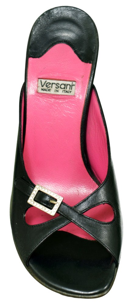 Versani 390 Leather Slide Sandal W/Rhinestone Buckle Womens Shoes Black Sz 10 Versani 390 Leather Slide Sandal W/Rhinestone Buckle Womens Shoes Black Sz 10