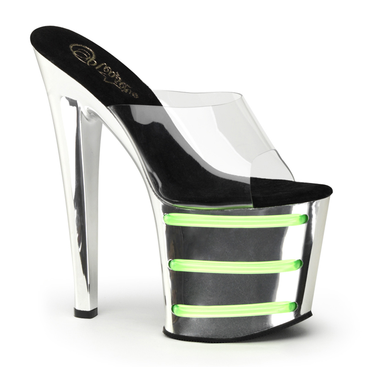 PLEASERs 7 1/2 inch Heel, 3 1/2 inch Platform Slide with UV Tubes Clear/Chrome-Lime Green at Sears.com