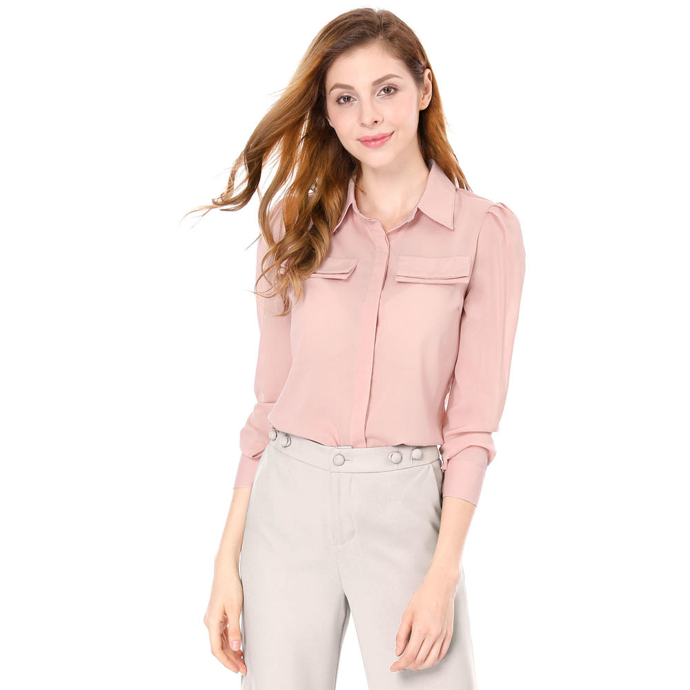 Unique Bargains Women's Padded Shoulders Button Closure Shirt Pink (Size L / 12)