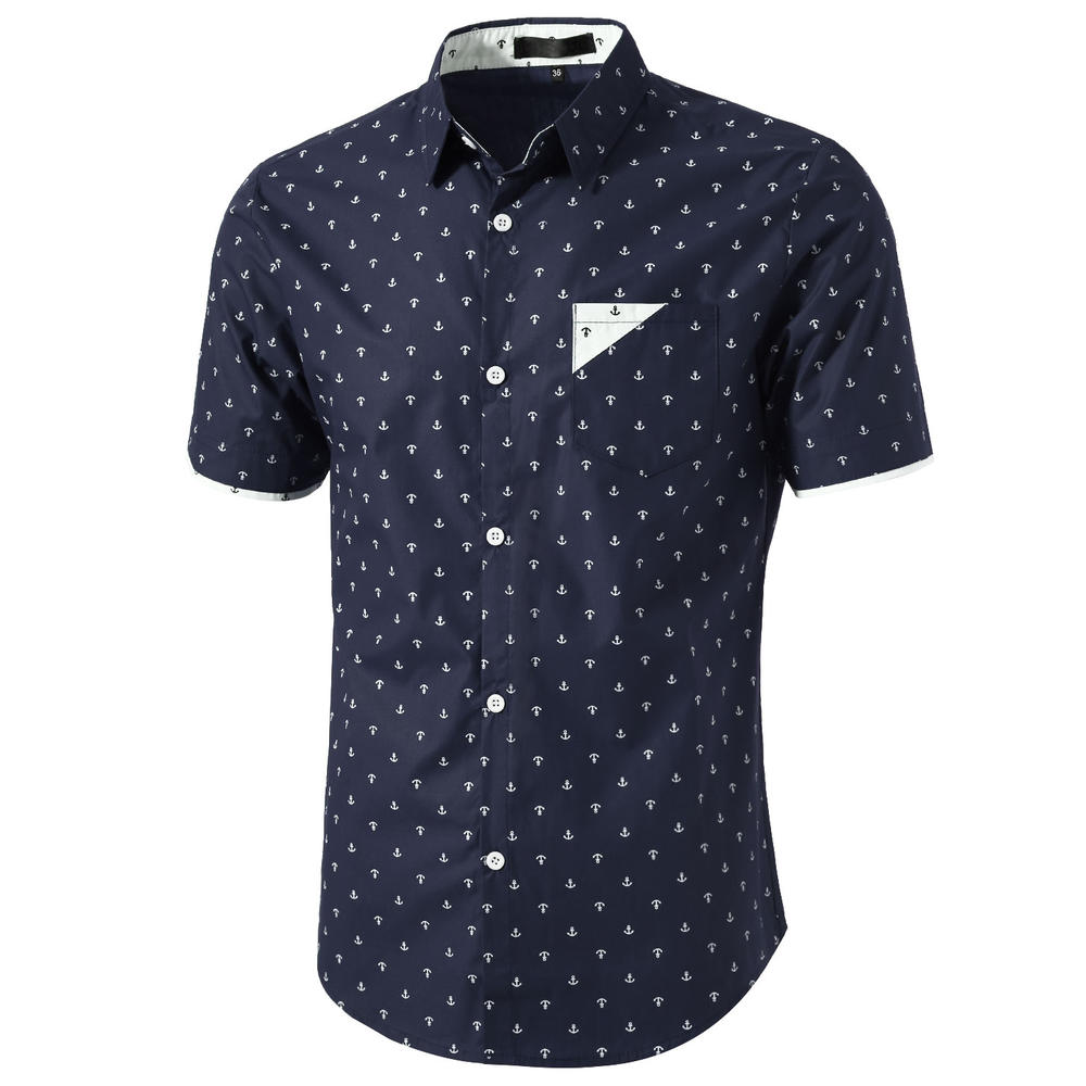 Unique Bargains Men's Printed Short Sleeve Button Up Shirt Blue (Size L / 42)