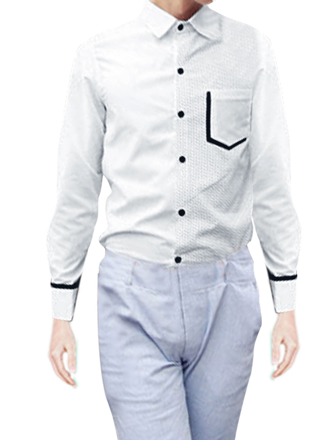 Unique Bargains Men's Point Collar Long Sleeved Dots Pattern Splice Button Down Shirt (Size S / 36)