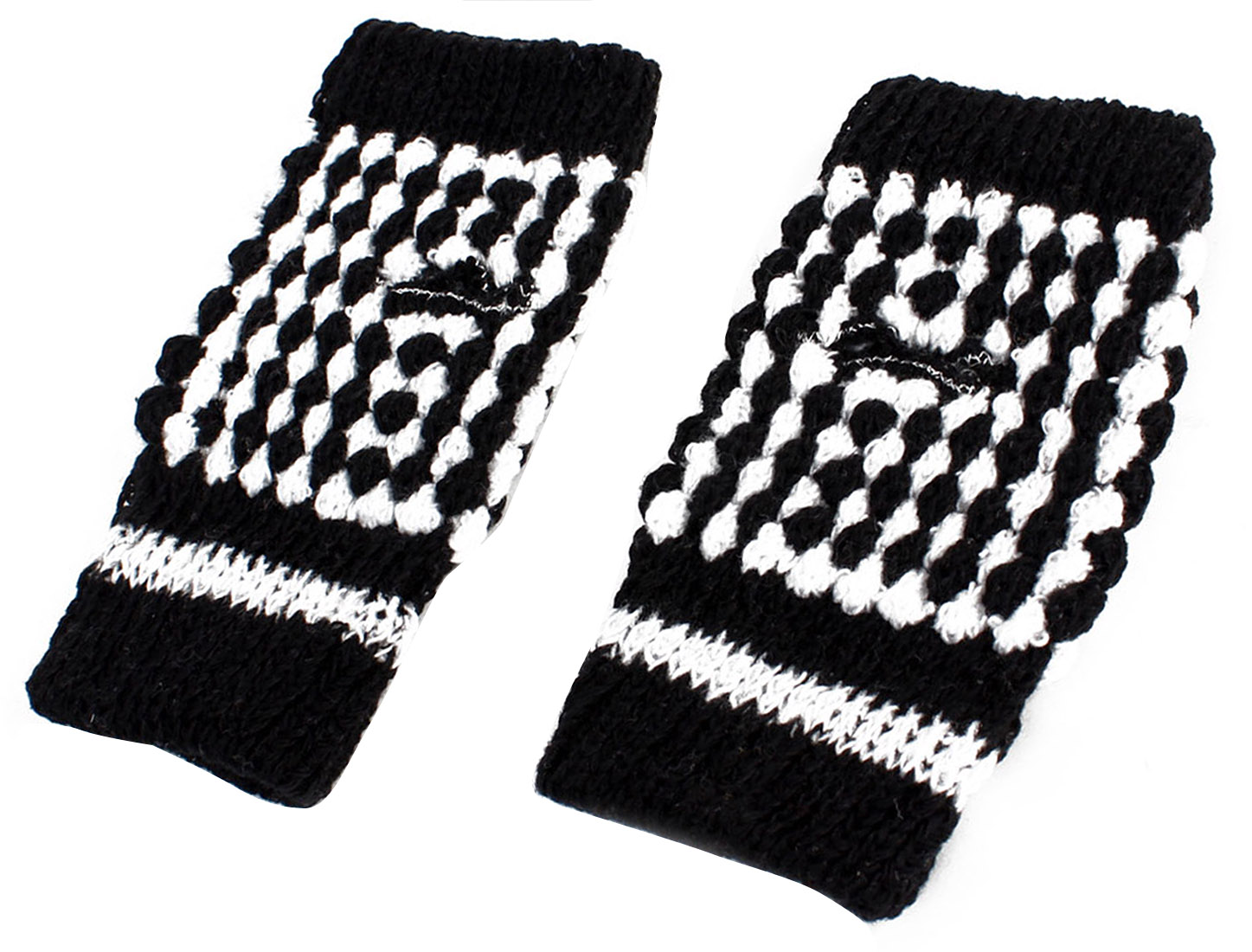 Pair Winter Black White Stretch Thumbhole Fingerless Warmer Gloves for Women