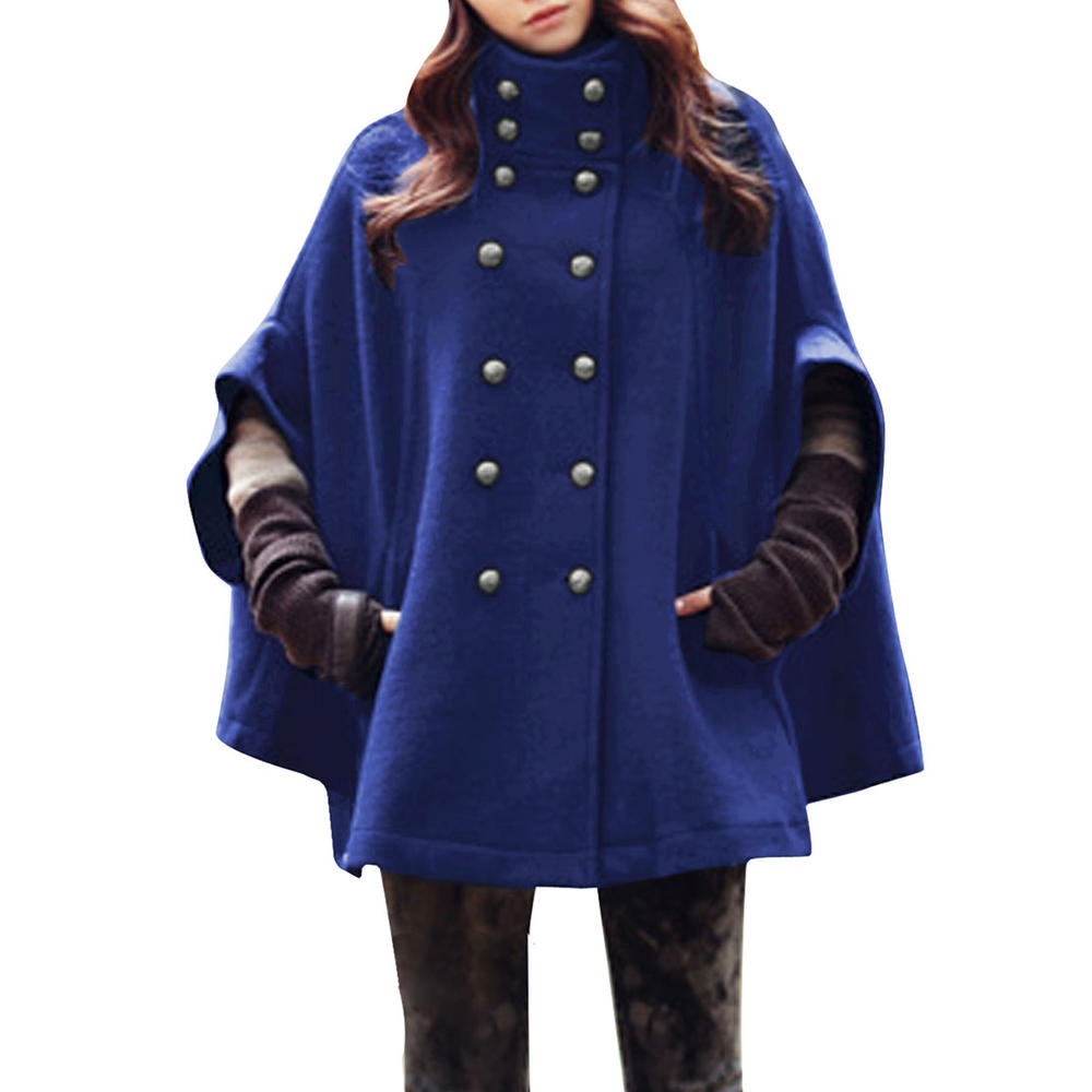 Women's Stand Collar Seam Pocket Poncho Coat Royal Blue (Size M / 8)