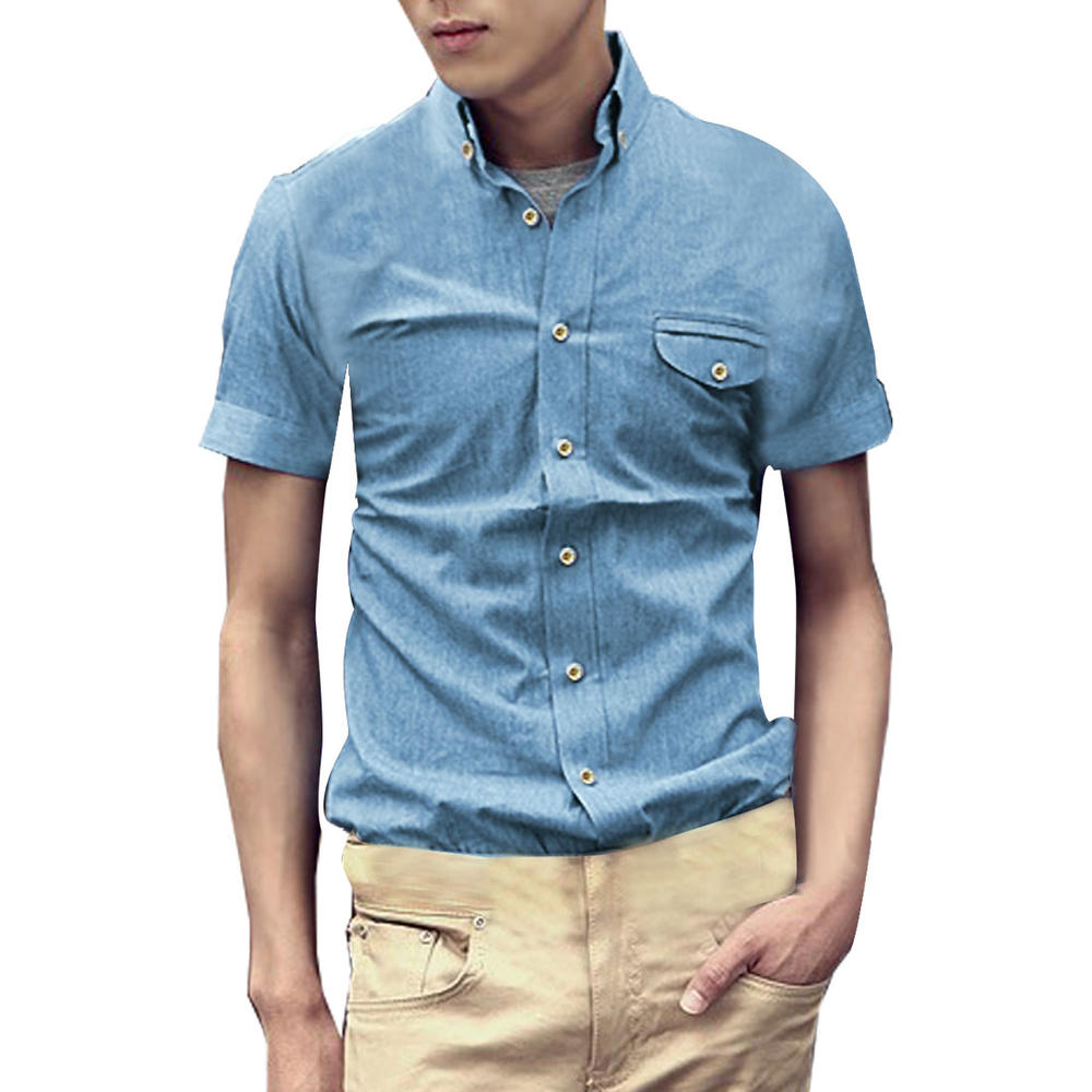 Unique Bargains Men's Short Sleeve Casual Button Up Shirts Blue (Size XL / 46)