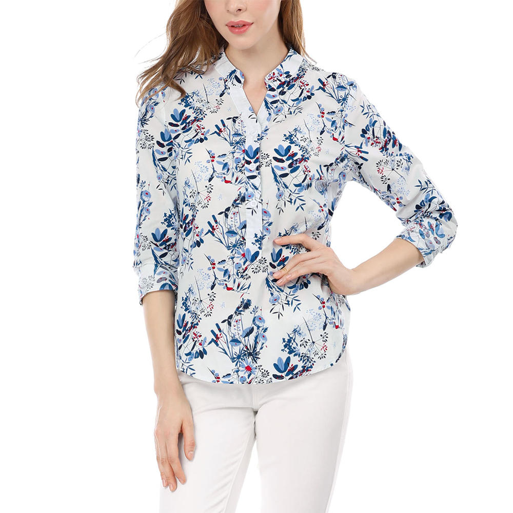 Unique Bargains Women's Roll Up Sleeve High-Low Hem Floral Shirt Blue (Size XL / 16)