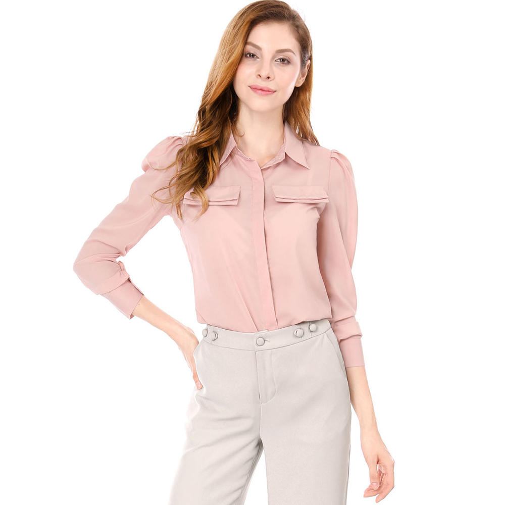 Unique Bargains Women's Padded Shoulders Button Closure Shirt Pink (Size L / 12)