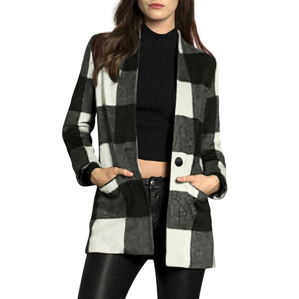 Women's Long Sleeves Two Pockets Checked Worsted Coat White Black (Size S / 4)