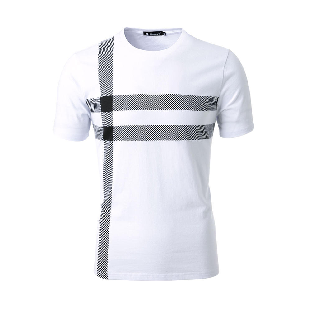 Unique Bargains Men Striped Checked Short Sleeves Crew Neck Tee Shirt White L