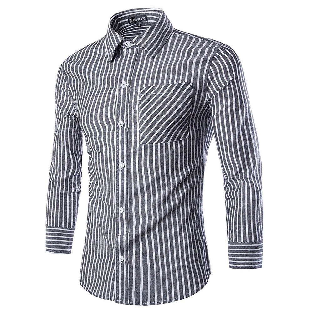 Unique Bargains Men's Basic Collar Long-sleeved Striped Casual Shirts Gray White (Size S / 34)