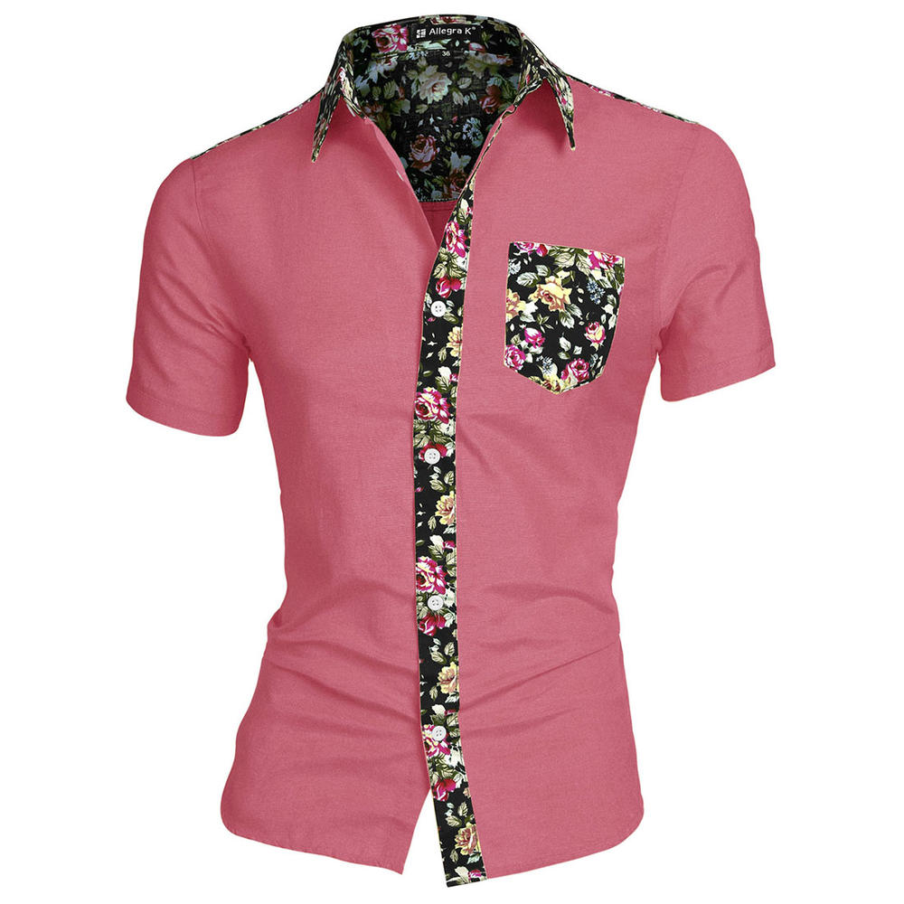 Unique Bargains Men's Short Sleeve Casual Button Up Shirt with Floral Trim Pink (Size M / 38)