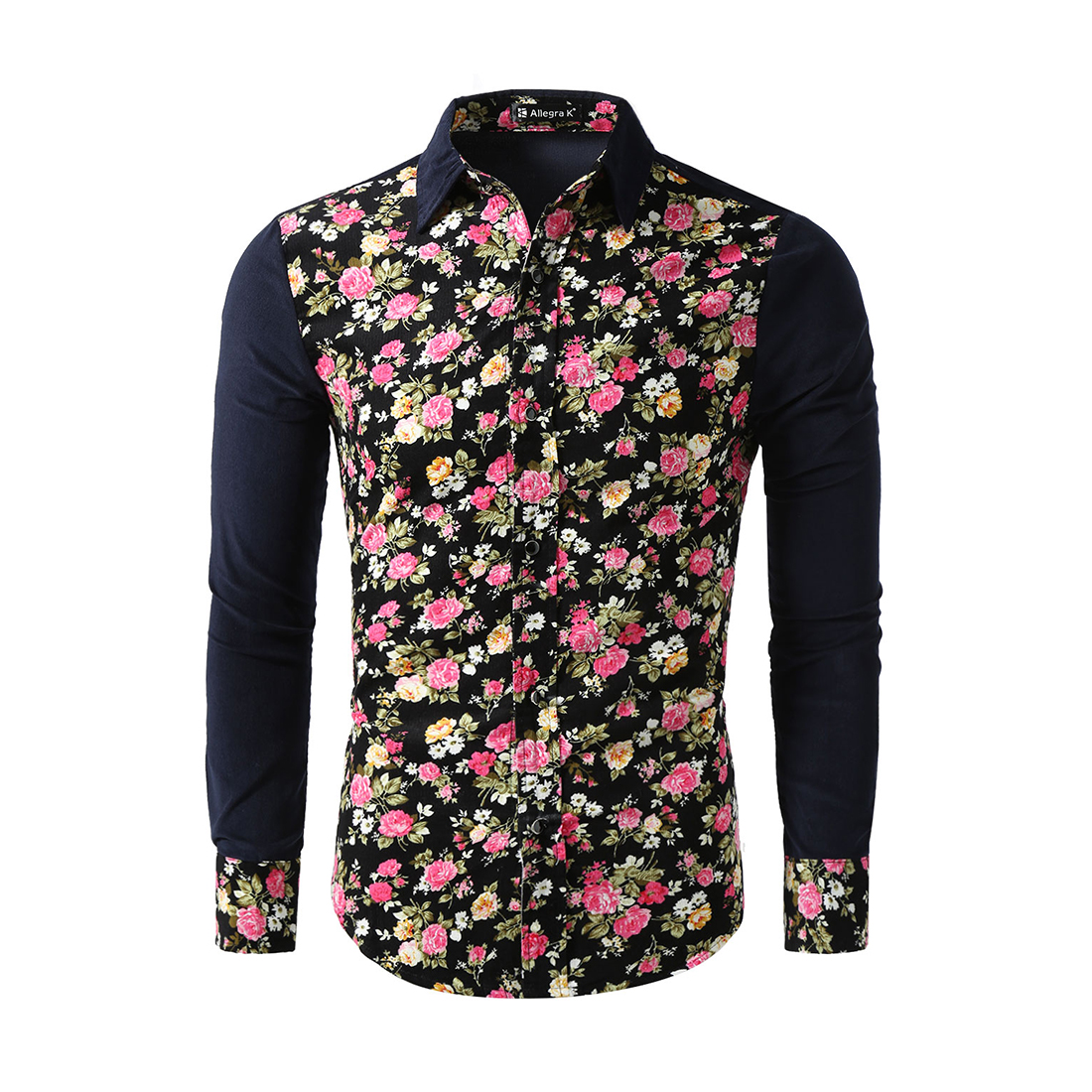 Unique Bargains Men's Floral Print Long Sleeves Color Block Corduroy Shirts Black (Size S / 34)