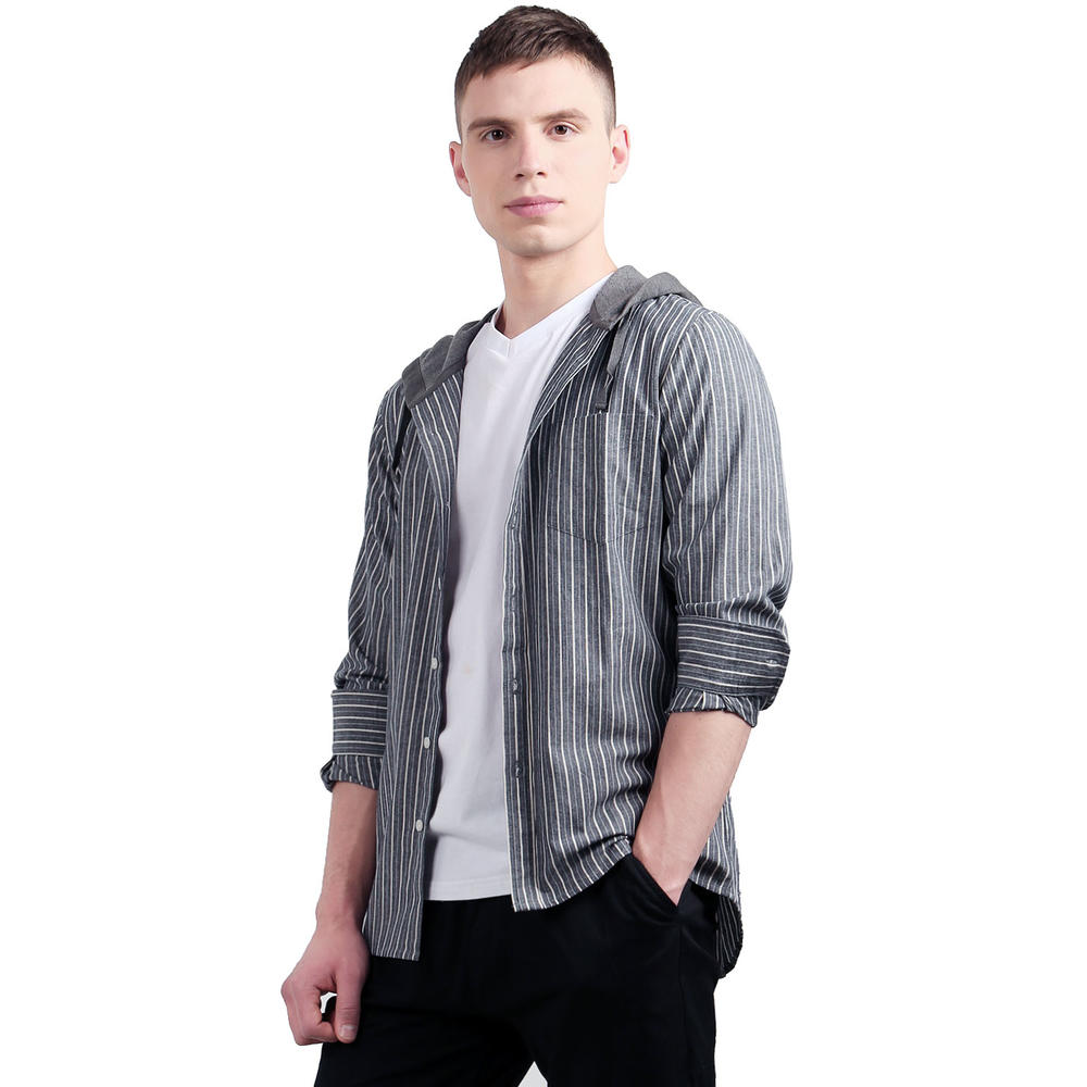 Unique Bargains Men's Striped Long Sleeves Chest Pocket Drawstring Hooded Cotton Shirt Gray (Size S / 36)