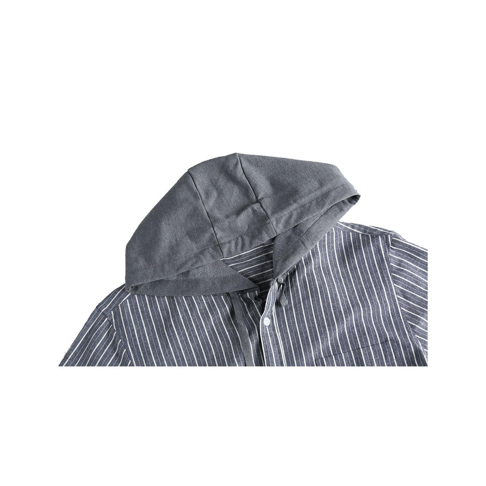 Unique Bargains Men's Striped Long Sleeves Chest Pocket Drawstring Hooded Cotton Shirt Gray (Size S / 36)