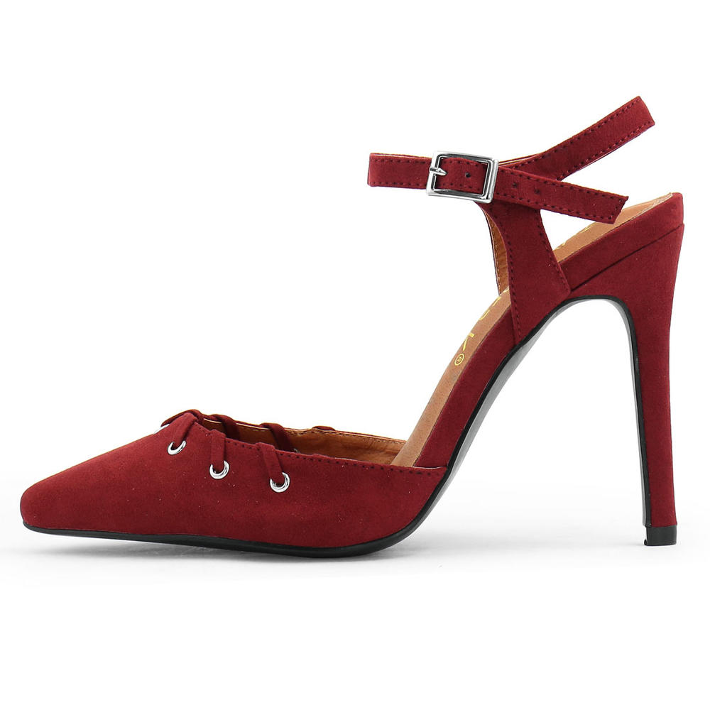 Unique Bargains Women's Pointed Toe Stiletto Lace Up Decor Ankle Strap Pumps Red (Size 7.5)