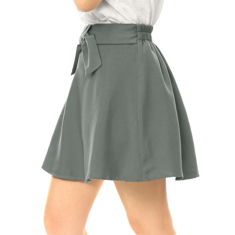 Unique Bargains Women's Partial Elastic Waist Bow Front A-Line Skirt Gray (Size L / 12)