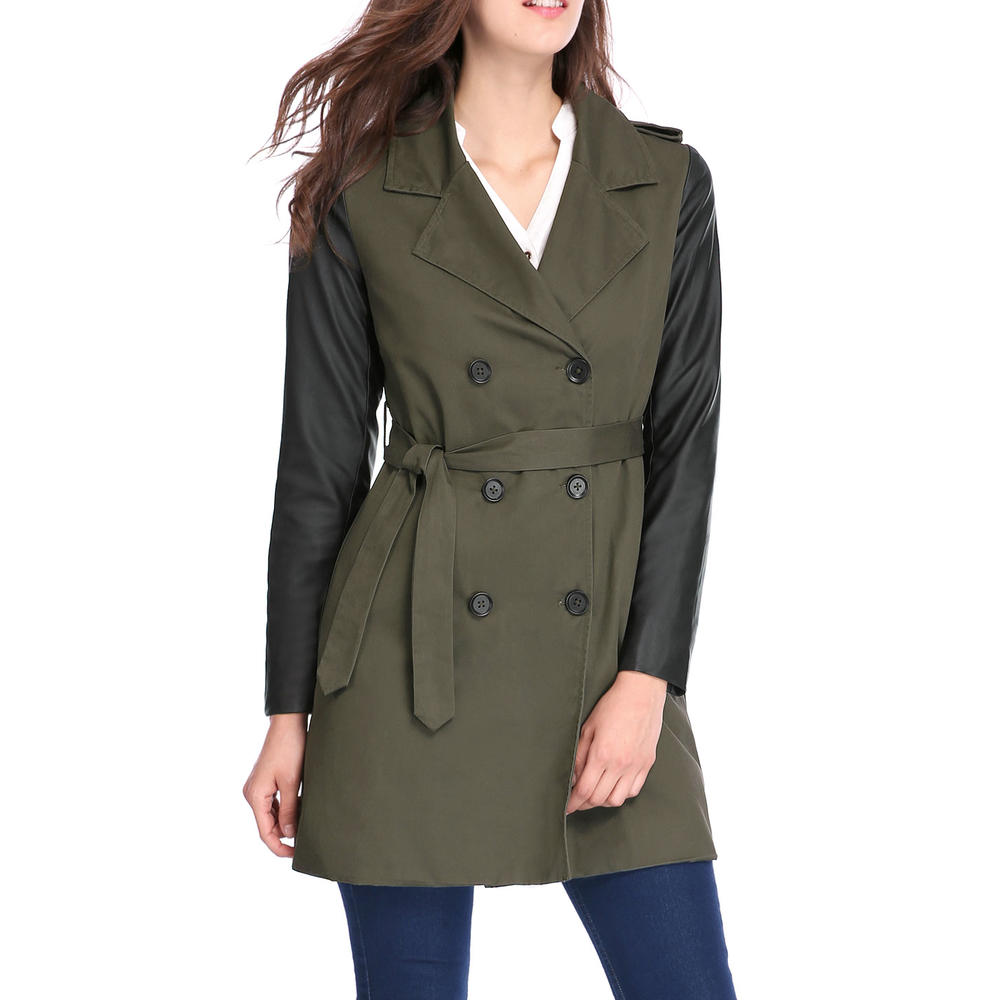 Unique Bargains Women's PU Panel Double Breasted Belted Trench Coat Green XS