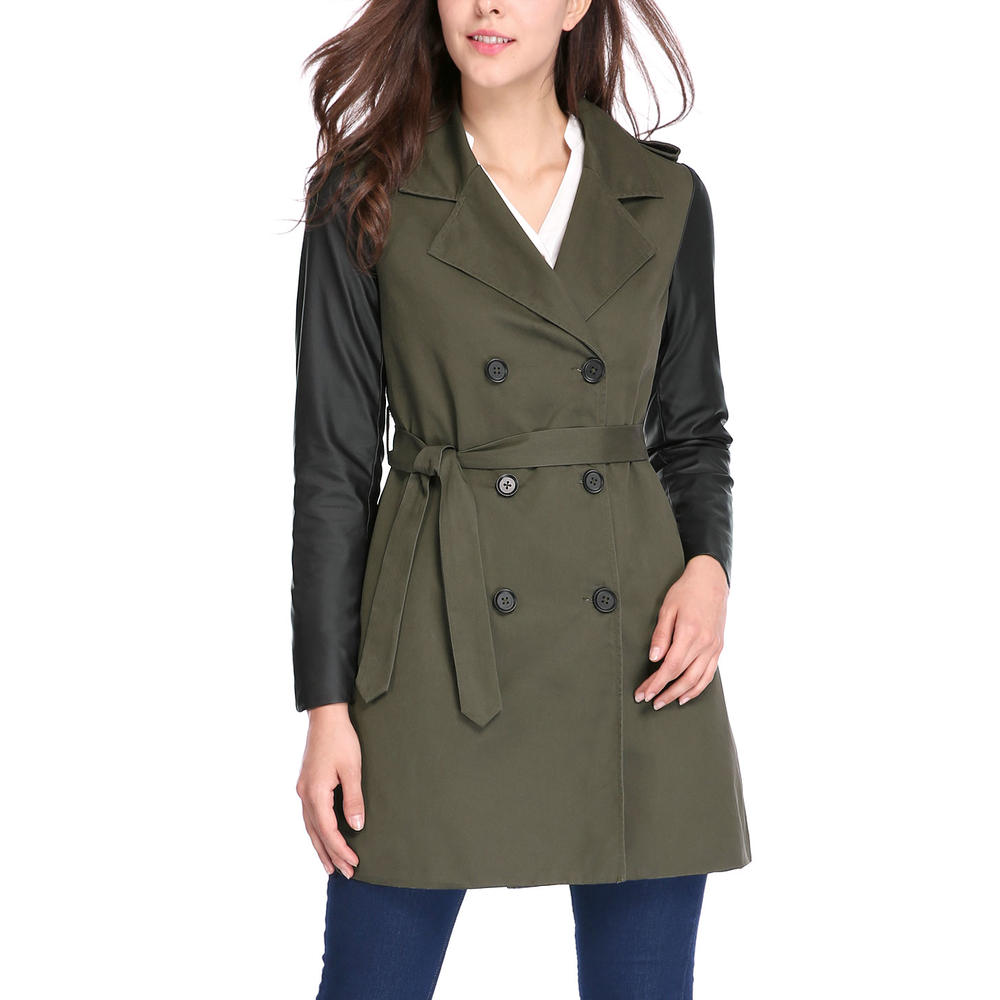 Unique Bargains Women's PU Panel Double Breasted Belted Trench Coat Green XS