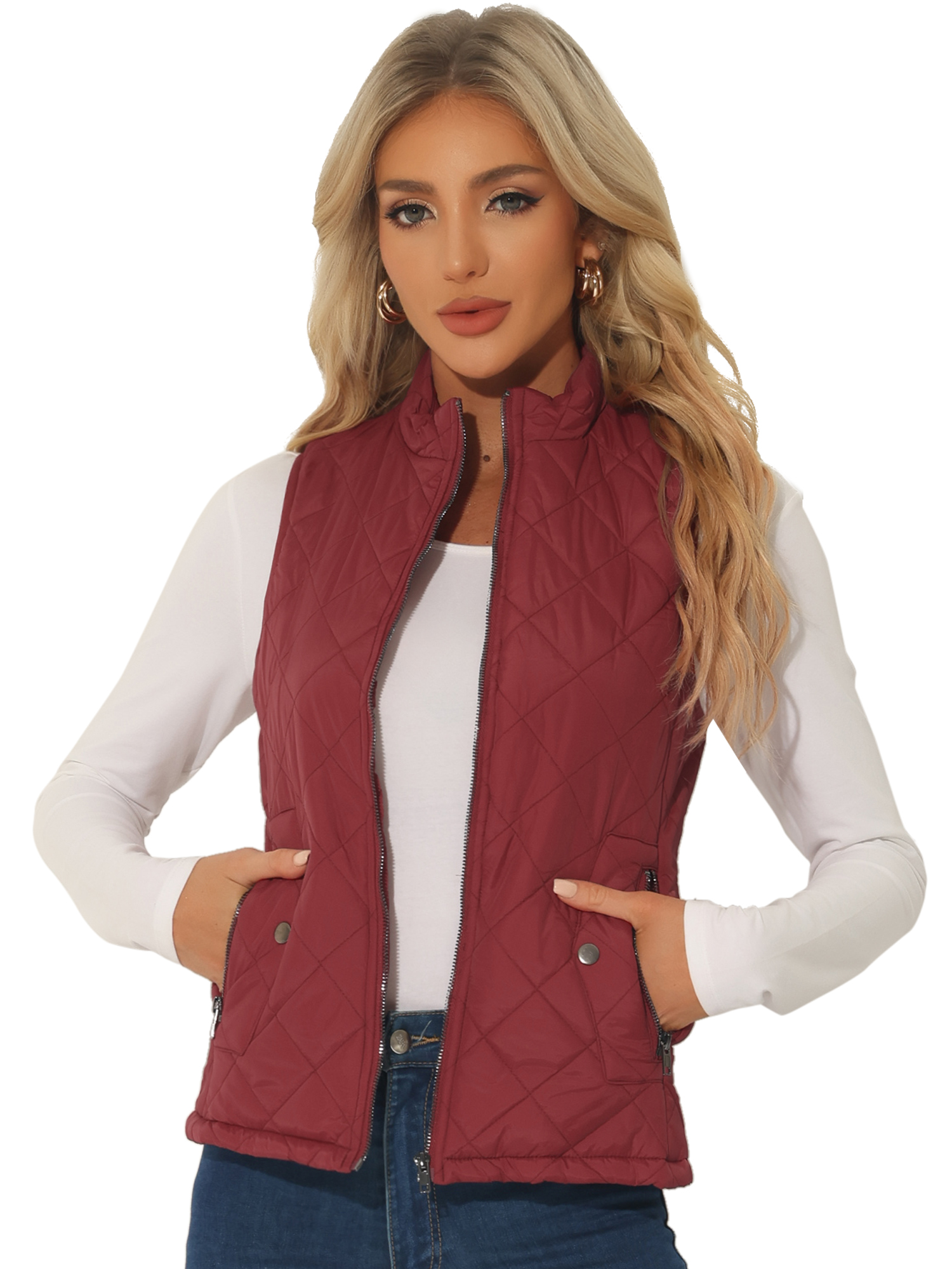Unique Bargains Women's Zip Up Front Stand Collar Slant Pockets Quilted Padded Vest Red (Size L / 12)