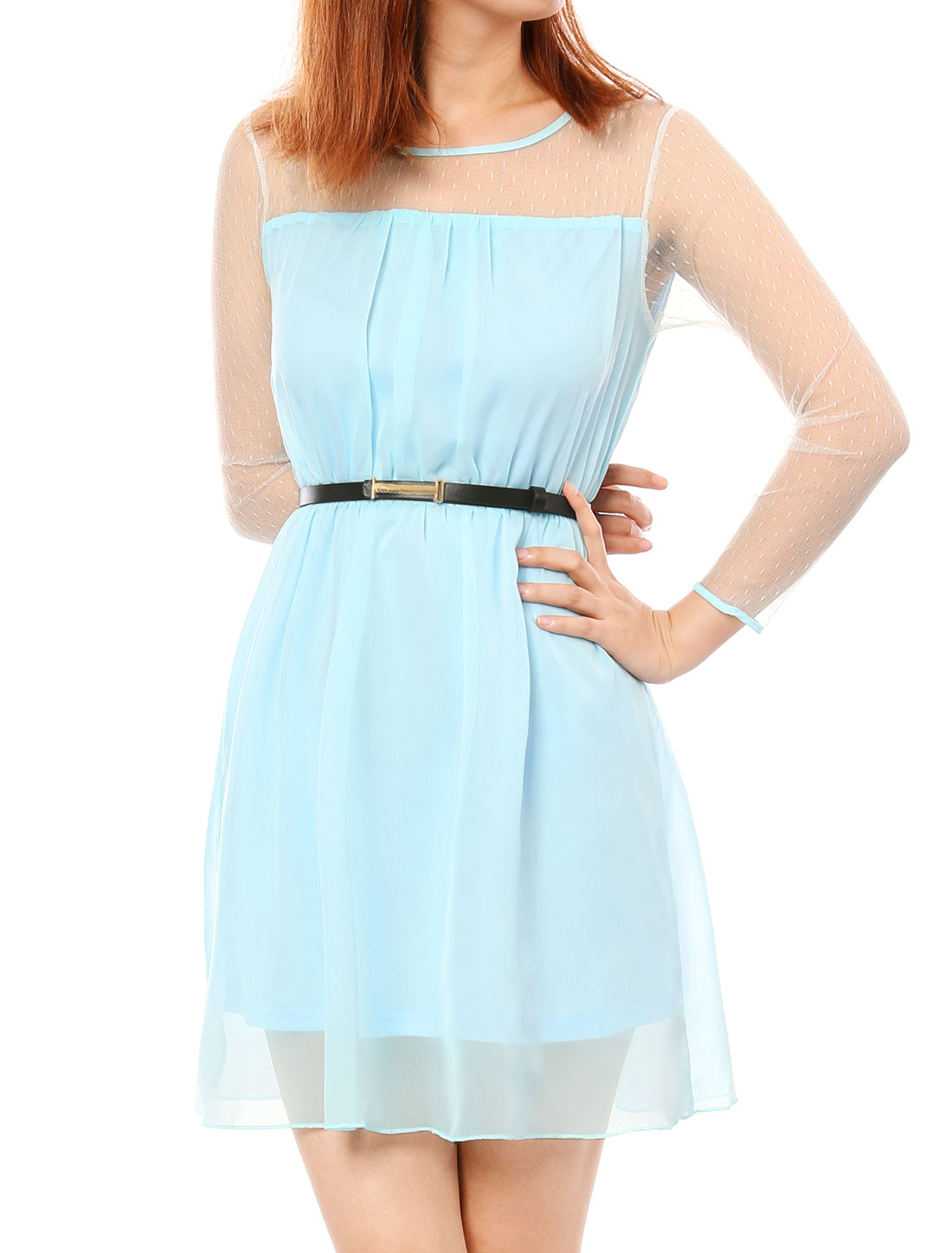 Unique Bargains Women's Sheer Mesh Yoke & Sleeve Dress with Belt Blue (Size S / 4)