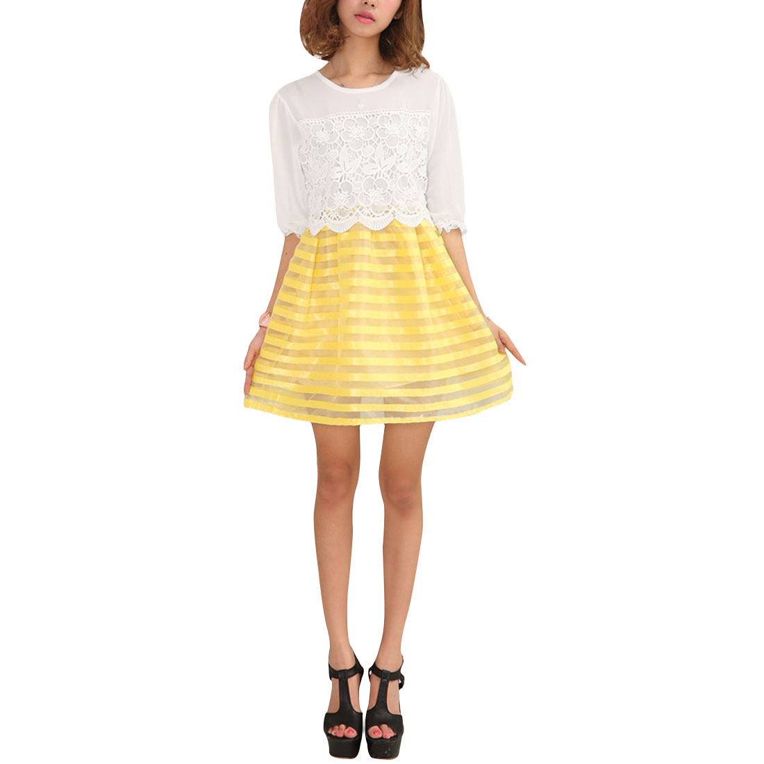 Unique Bargains Women's Chiffon Panel Yellow Summer Pullover Size XS Dress(Size XS / 0)