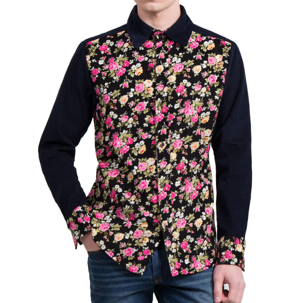 Unique Bargains Men's Floral Print Long Sleeves Color Block Corduroy Shirts Black (Size S / 34)