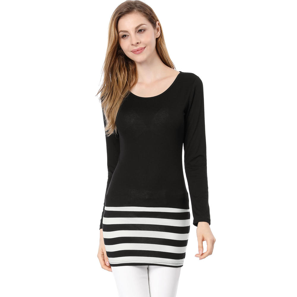 Unique Bargains Women's Long Sleeve Stripe Slim Fit Mini Dress Black (Size S / 4)