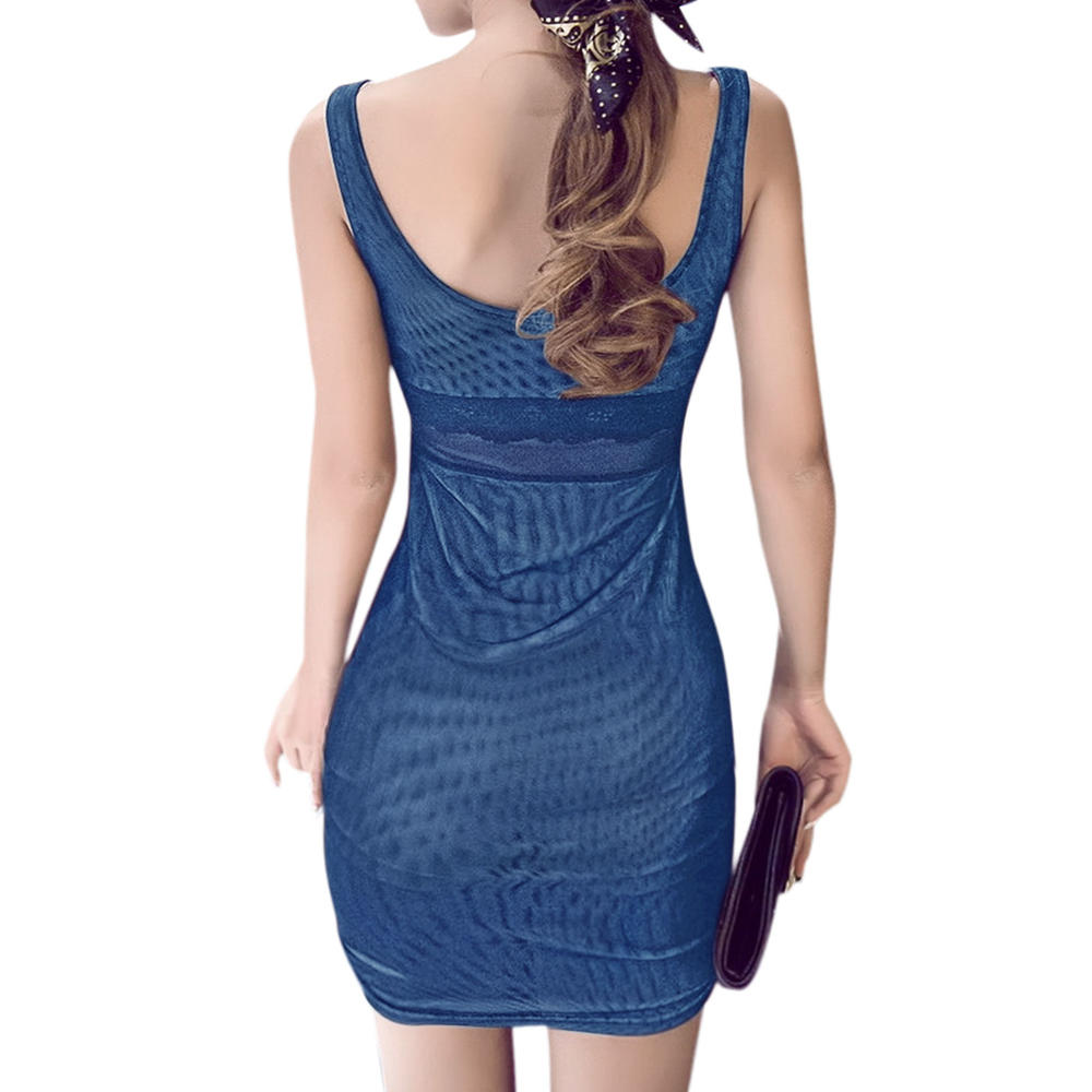 Unique Bargains Women Sleeveless Stretchy Mesh Mini Wrap Dress Blue XS