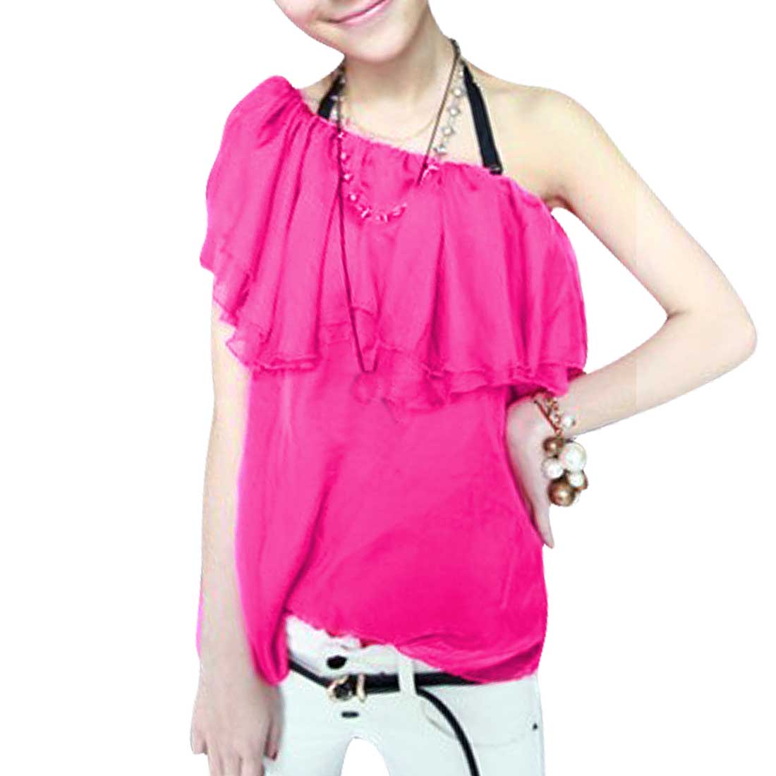 Unique Bargains Lady Sinlge Shoulder Layered Flouncing Top Summer Tops Shirts Fuchsia S
