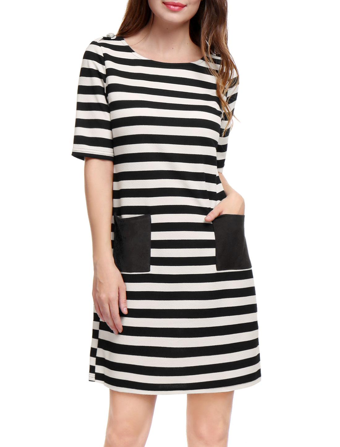 Unique Bargains Woman Half Sleeves Contrast Pockets Above knee Striped Dress Black XS