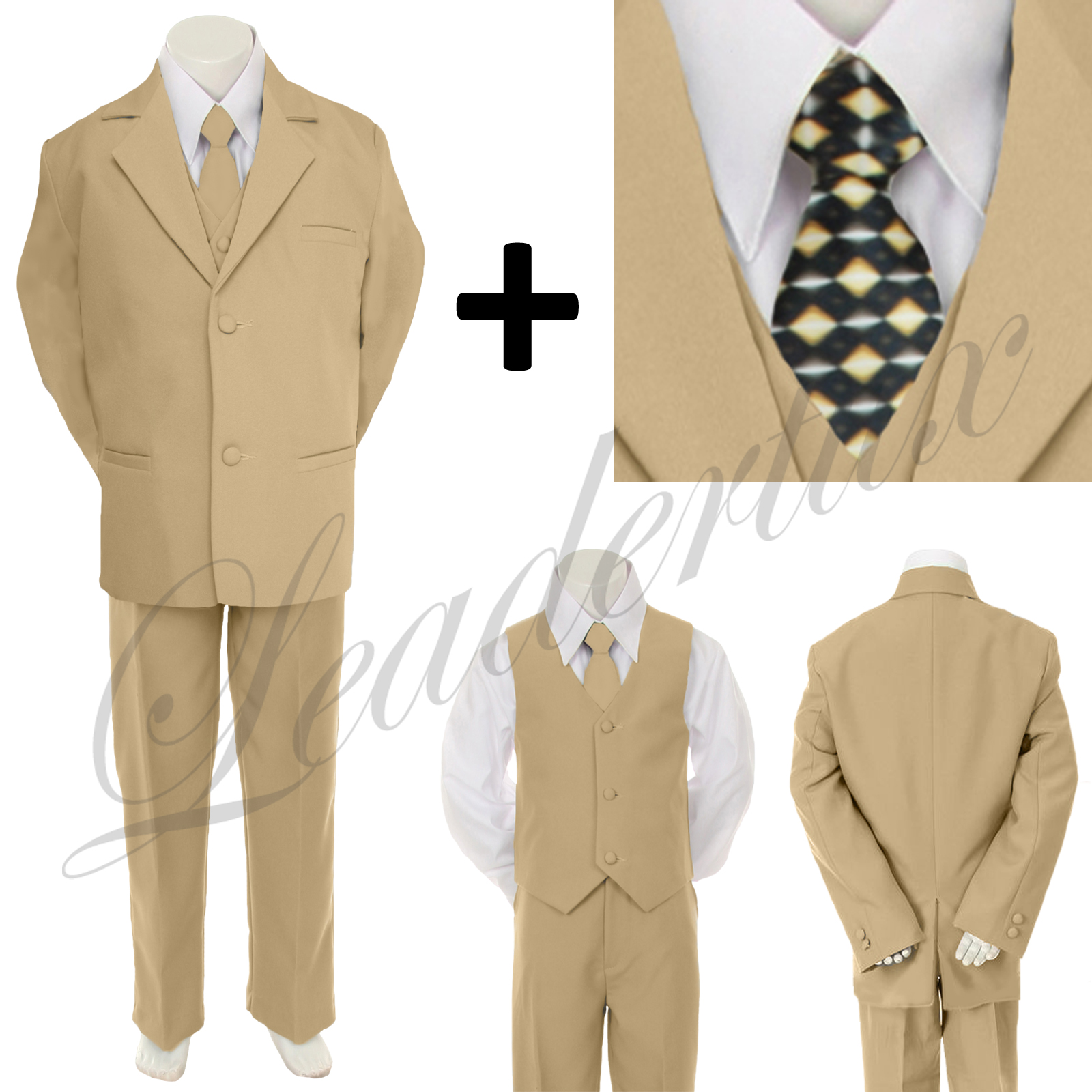 Leadertux 8 10 12 14 Child Kid Khaki Stone Formal Wedding Birthday Party Boy Suit Tuxedo Outfit 6pc Set + Design Fashion Tie