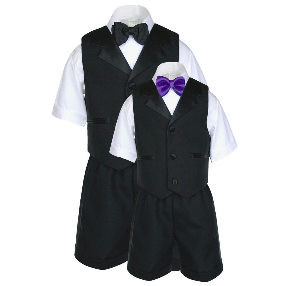 Leadertux 5pc S M L XL 2T 3T 4T Baby Toddler Boy Black Short Vest Set Suit Formal Summer Wedding Outfit Extra Purple Bow Tie