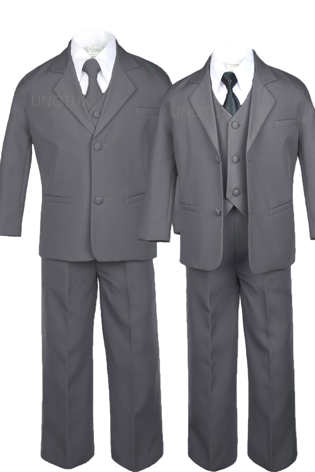 6pc 5 6 7 8 10 12 14 16 18 20 Kid Teen Boys Dark Grey Suit Tuxedo Formal Wedding Outfit Extra Satin Black Necktie Set