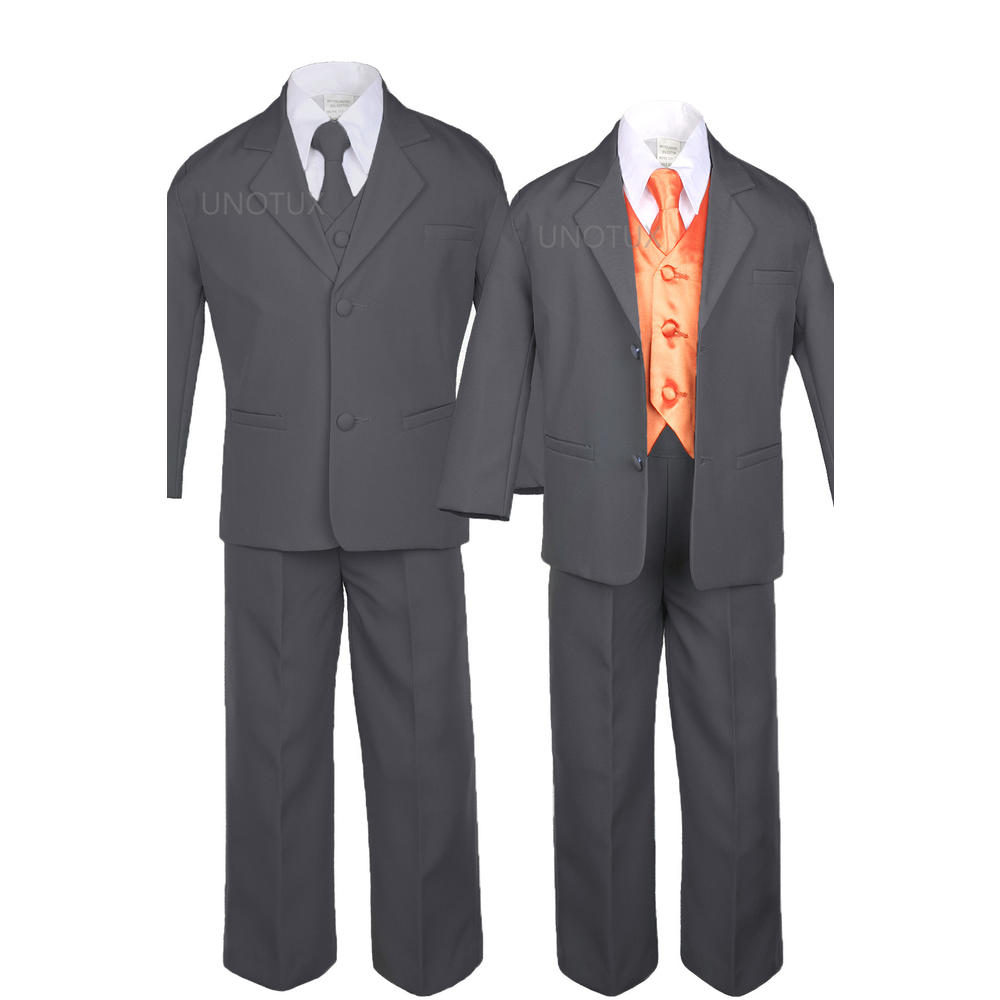 7pc 5 6 7 8 10 12 14 16 18 20 Kid Teen Boys Dark Grey Suits Tuxedo Formal Wedding Outfit Extra Satin Orange Necktie Vest Set