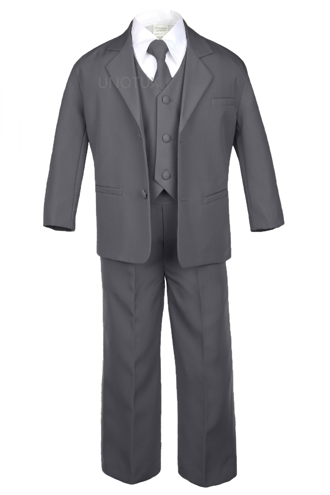 7pc S M L XL 2T 3T 4T Baby Toddler Boys Dark Grey Suits Tuxedo Formal Wedding Party Outfit Extra Satin Navy Necktie Vest Set