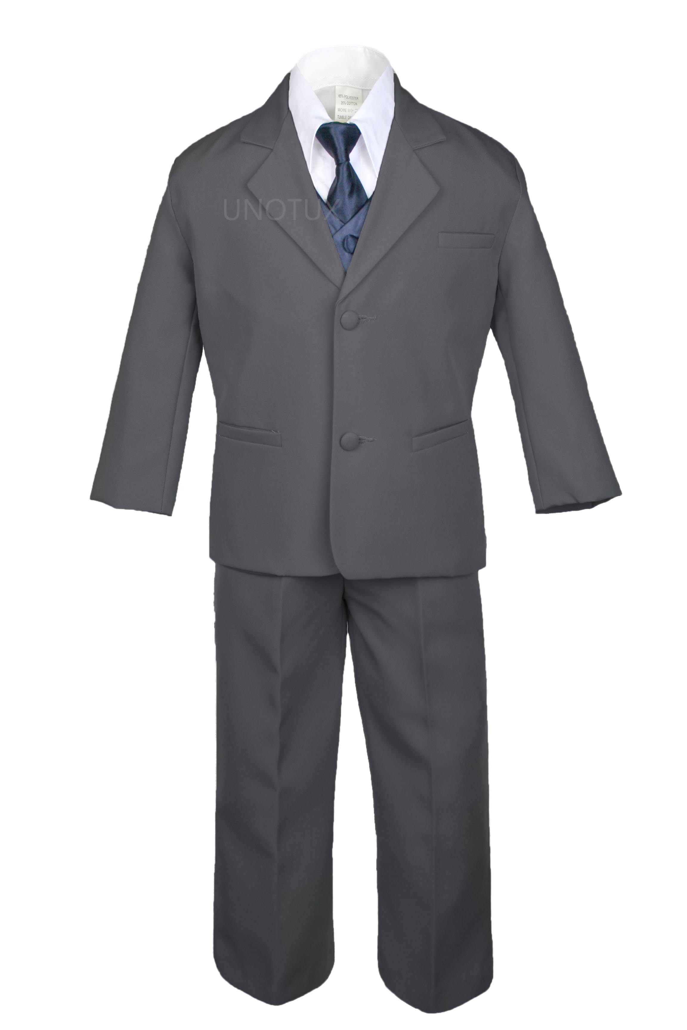 7pc S M L XL 2T 3T 4T Baby Toddler Boys Dark Grey Suits Tuxedo Formal Wedding Party Outfit Extra Satin Navy Necktie Vest Set
