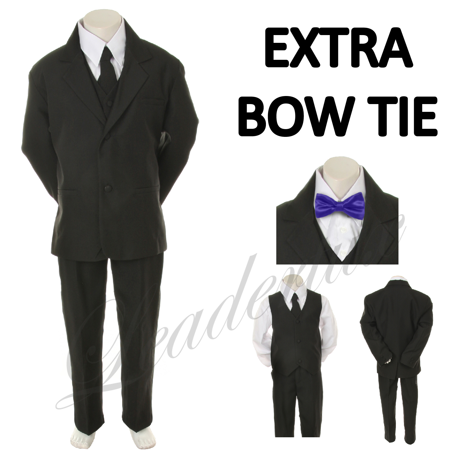 Leadertux 5 6 7 Child Kid Black Formal Wedding Party Boy Suit Tuxedo Outfit 6pc Set+ Purple Bow Tie