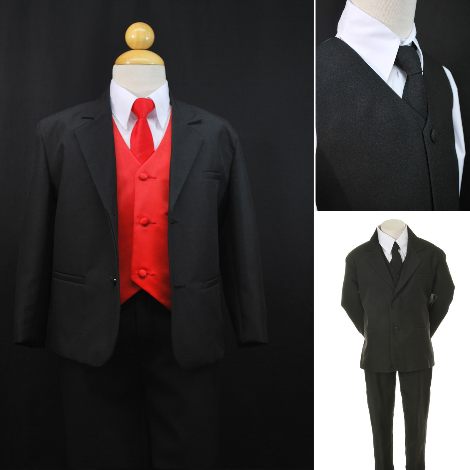 Leadertux 2T 3T 4T 7pc Set Baby Toddler Black Boy Suit Tuxedo + Red Tie & Vest Wedding Party Holiday Formal Outfit