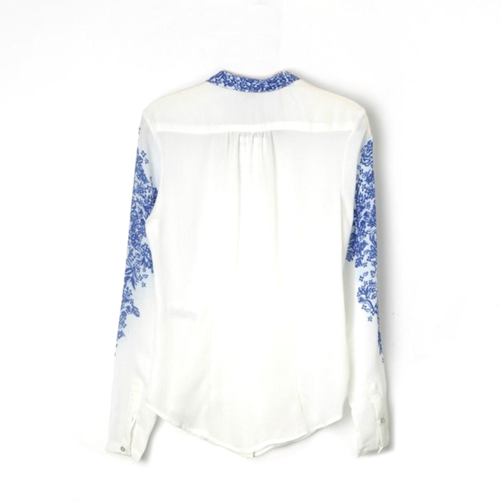 TopTie Ladies Blue And White Porcelain Printed Long Sleeve Chiffon Blouse Shirt