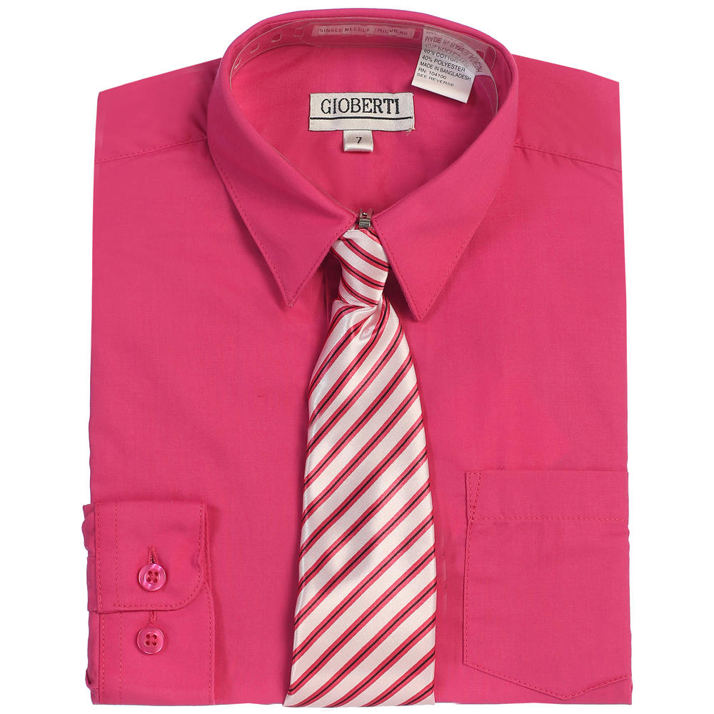 Boys Fuchsia Long Sleeve Dress Shirt + Stripe Clip Tie, 2T - 18