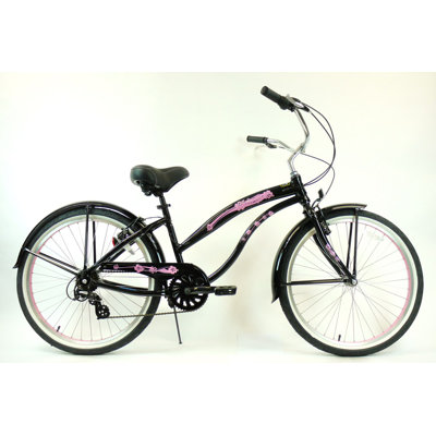 GreenLine Bicycles Ladies 26" Aluminum 7-Speed Shimano Premium Extended Deluxe Beach Cruiser - Frame Color: Black with Pink Wheels at Sears.com