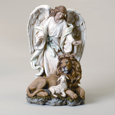 10" Angel With Lion And Lamb Figurine