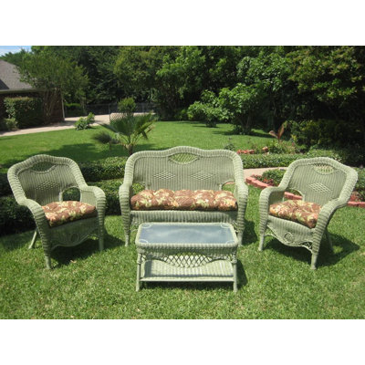 Outdoor Wicker Patio Settee Cushions Set - Fabric: Blue Green Floral