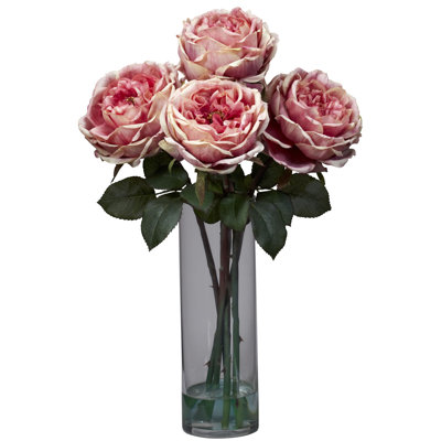 Nearly Natural Fancy Rose with Cylinder Vase Silk Flower Arrangement in Pink at Sears.com