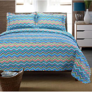 Simple Luxury Zig Zag 100 Cotton 3 Piece Quilt Set - Color: Blue Multi, Size: Twin Simple Luxury Zig Zag 100 Cotton 3 Piece Quilt Set - Color: Blue Multi, Size: Twin