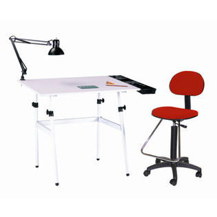 Martin Universal Design Berkeley 4 Piece Melamine Drafting Table Set with Chair - Finish: White with White Top and Red Drafting Chair Martin Universal Design Berkeley 4 Piece Melamine Drafting Table Set with Chair - Finish: White with White Top and Red Drafting Chair