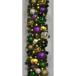 Queens of Christmas 9' Pre-Lit Blended Pine Decorated Garland - Color: Mardi Gras Queens of Christmas 9' Pre-Lit Blended Pine Decorated Garland - Color: Mardi Gras