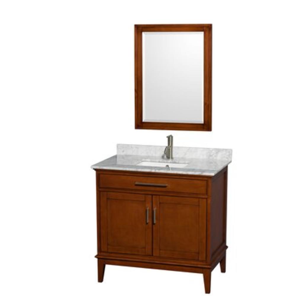 Hatton 36" Single Bathroom Vanity Set with Mirror - Top Finish: White Carrera  Base Finish: Light Chestnut