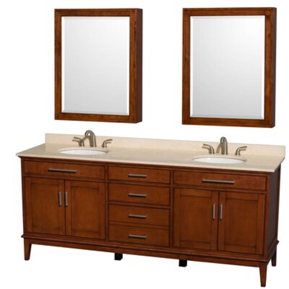 Hatton 80" Double Bathroom Vanity Set with Mirror - Top Finish: Ivory  Base Finish: Light Chestnut